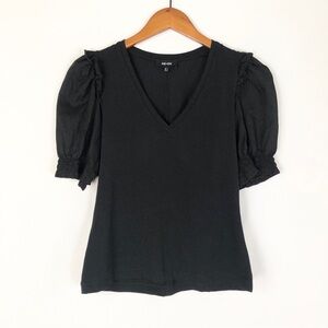 ME + EM Cheesecloth Puff Sleeve T Shirt Top Black Size 4 V Neck